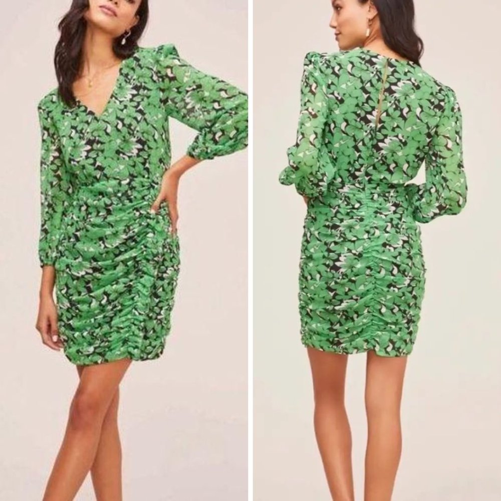 ASTR THE LABEL | Women's Green Ruched Floral Long Sleeve Dress | Size L